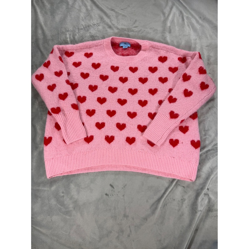 CeCe Pink Red Heart Pattern Coquette Soft Girl Knit Pull On Sweater Size XS